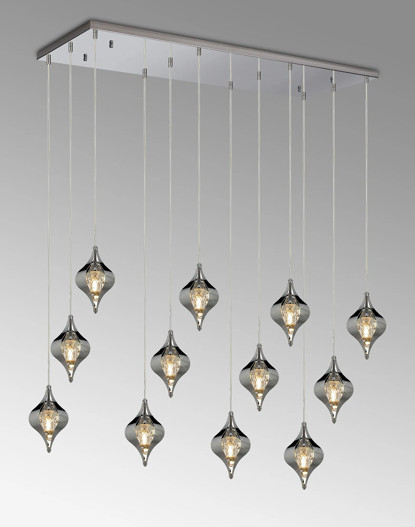 Amano Linear Rectangle Pendant, 12 Light Adjustable G9, Polished Chrome/Crystal